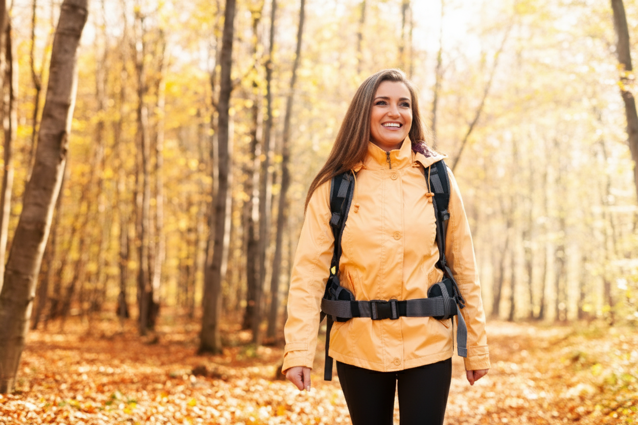 Woman hiking outdoors in the fall. product