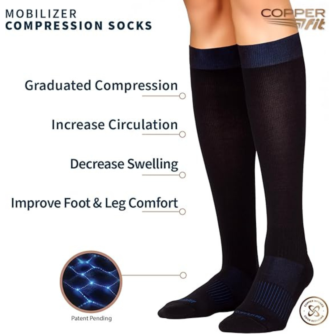 Black compression socks with text highlighting benefits on a white background