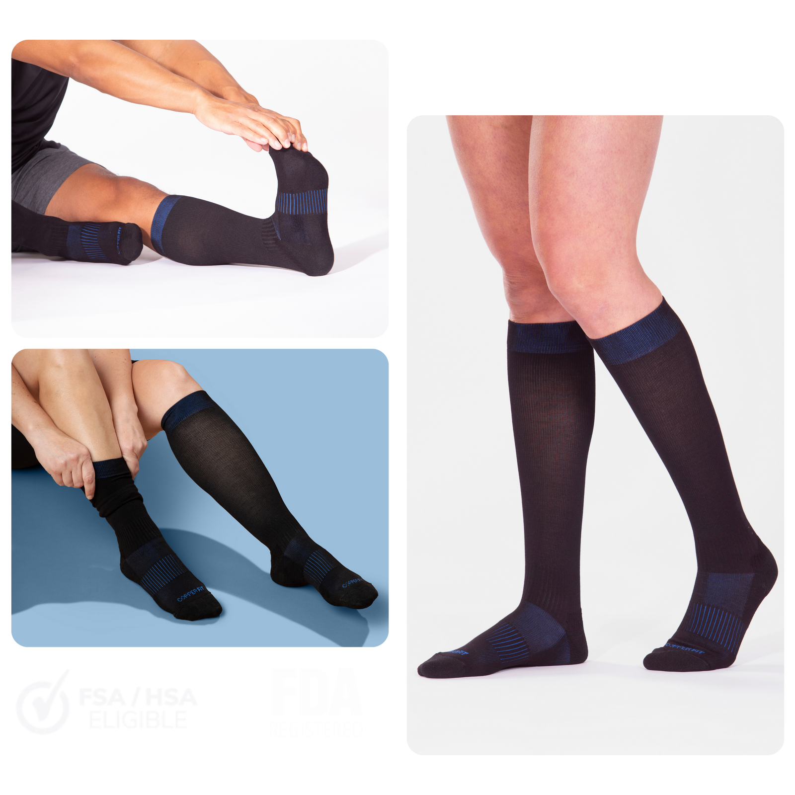 Collage of people wearing black knee-high socks with blue accents on a white background. product