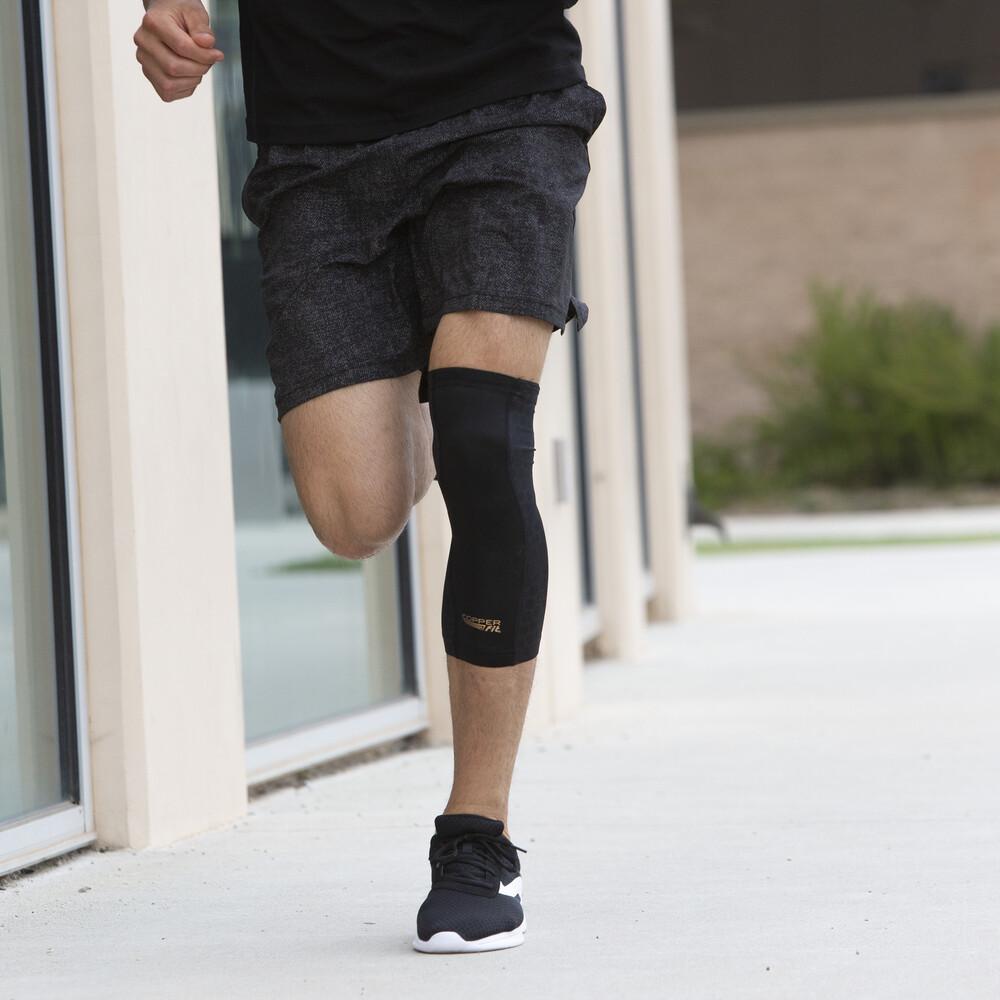 Compression sleeve around knee for support and all-day comfort.