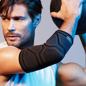 Compression sleeve around elbow for support and all-day comfort.