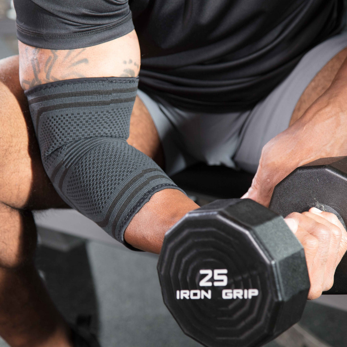 Menthol Infused compression sleeve around elbow for support and all-day comfort.