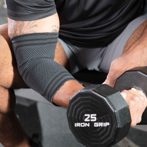Menthol Infused compression sleeve around elbow for support and all-day comfort.