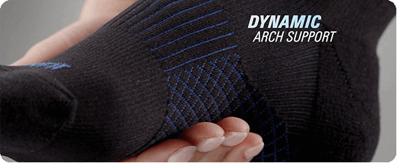 One photo panel shows a person holding their heel while wearing the sock. The other photo panel shows two people jogging up a flight of stairs while wearing the socks.