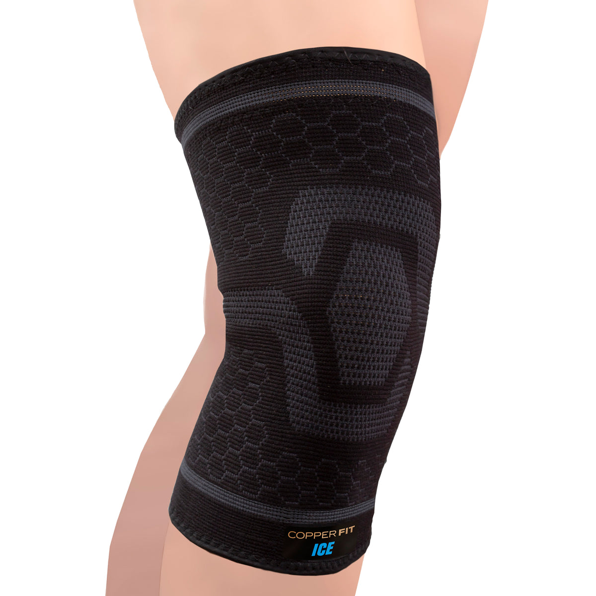 A black ICE Compression Knee Sleeve with a visible brand logo on the front, designed for support and recovery after exercise.
