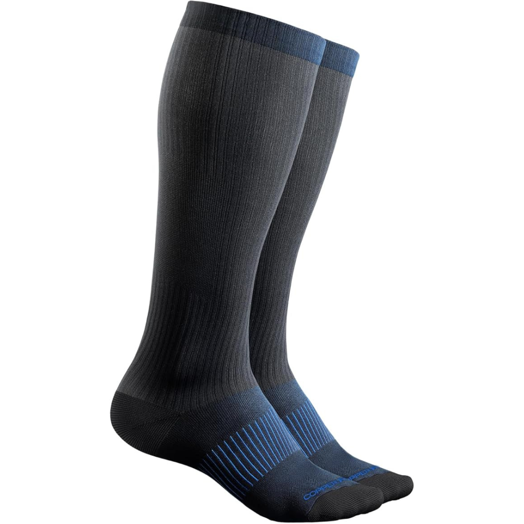 Two pairs of gray knee-high socks with blue accents on a white background