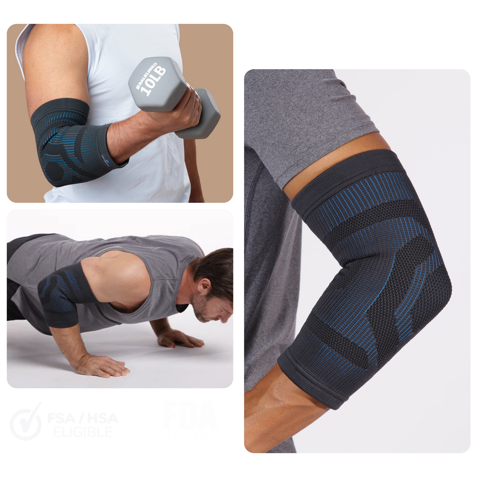 Person wearing black and blue compression sleeves while exercising with dumbbells and doing push-ups. product
