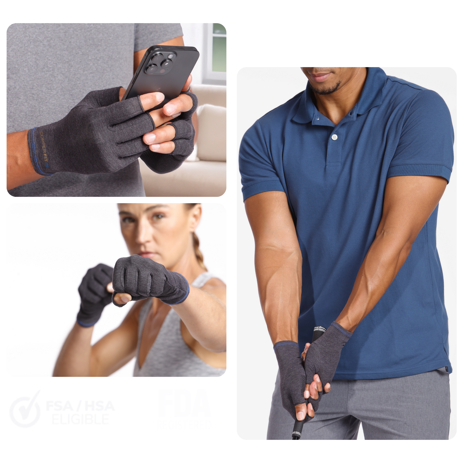 Collage of people wearing gray gloves for phone use, exercise, and golf. product