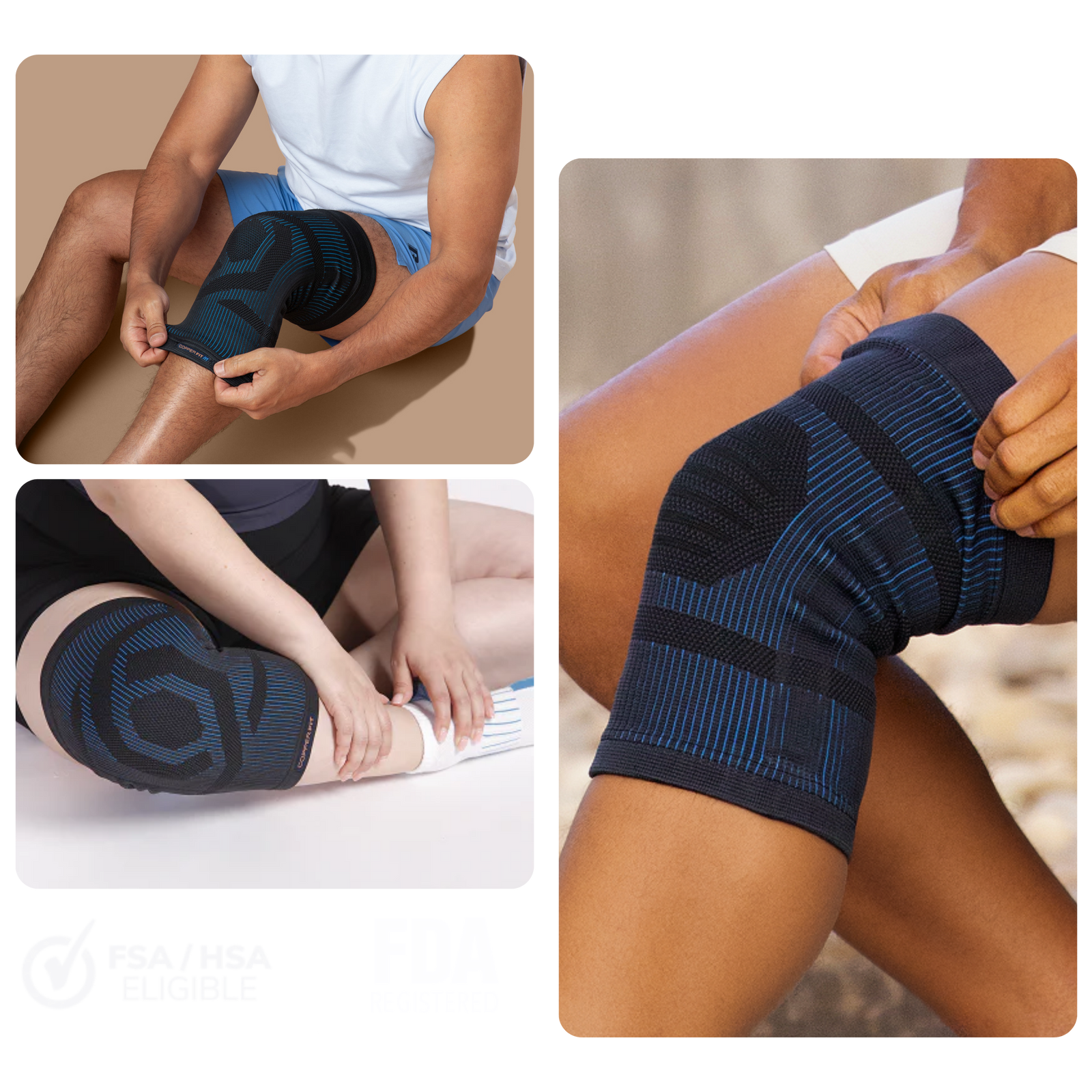 Collage of a person wearing a blue knee brace on a beige background product